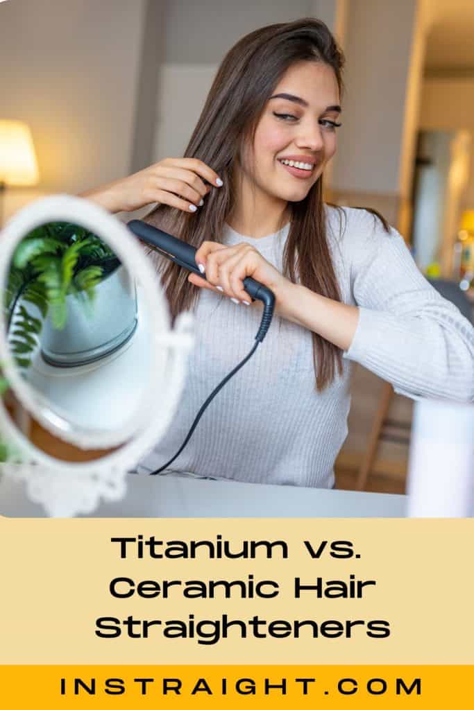 lady straightening her hair using a ceramic hair straightener